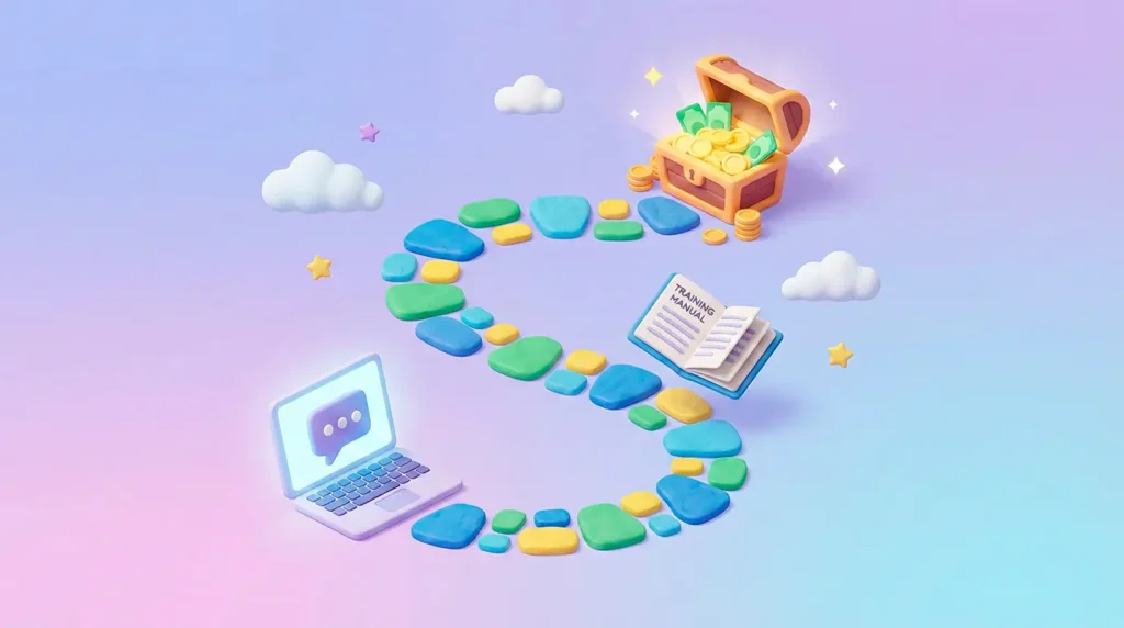 3D иллюстрация пути к заработку на OnlyFans: от ноутбука и обучения до получения высокой зарплаты в валюте