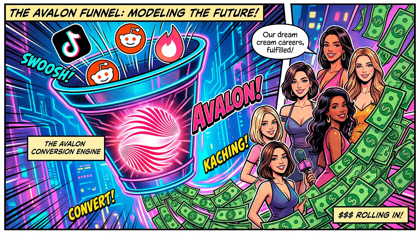 Комикс-иллюстрация: агентство Avalon конвертирует трафик из социальных сетей в высокий заработок, демонстрируя, как работает профессиональная веб модель работа