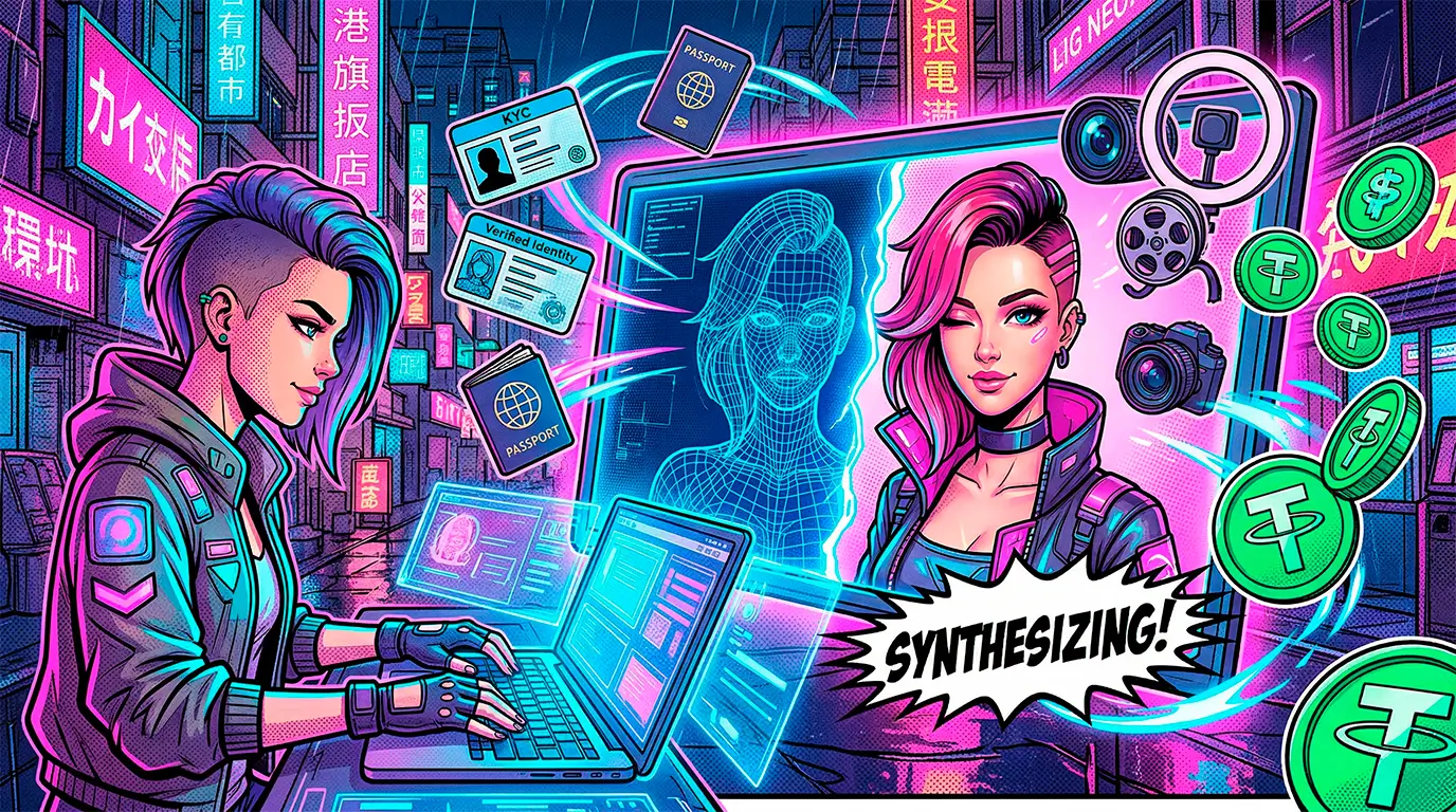 Комикс-иллюстрация: ИИ-криэйтор генерирует виртуальную веб модель на ноутбуке, обходит KYC верификацию и зарабатывает криптовалюту на платформе Girlswork