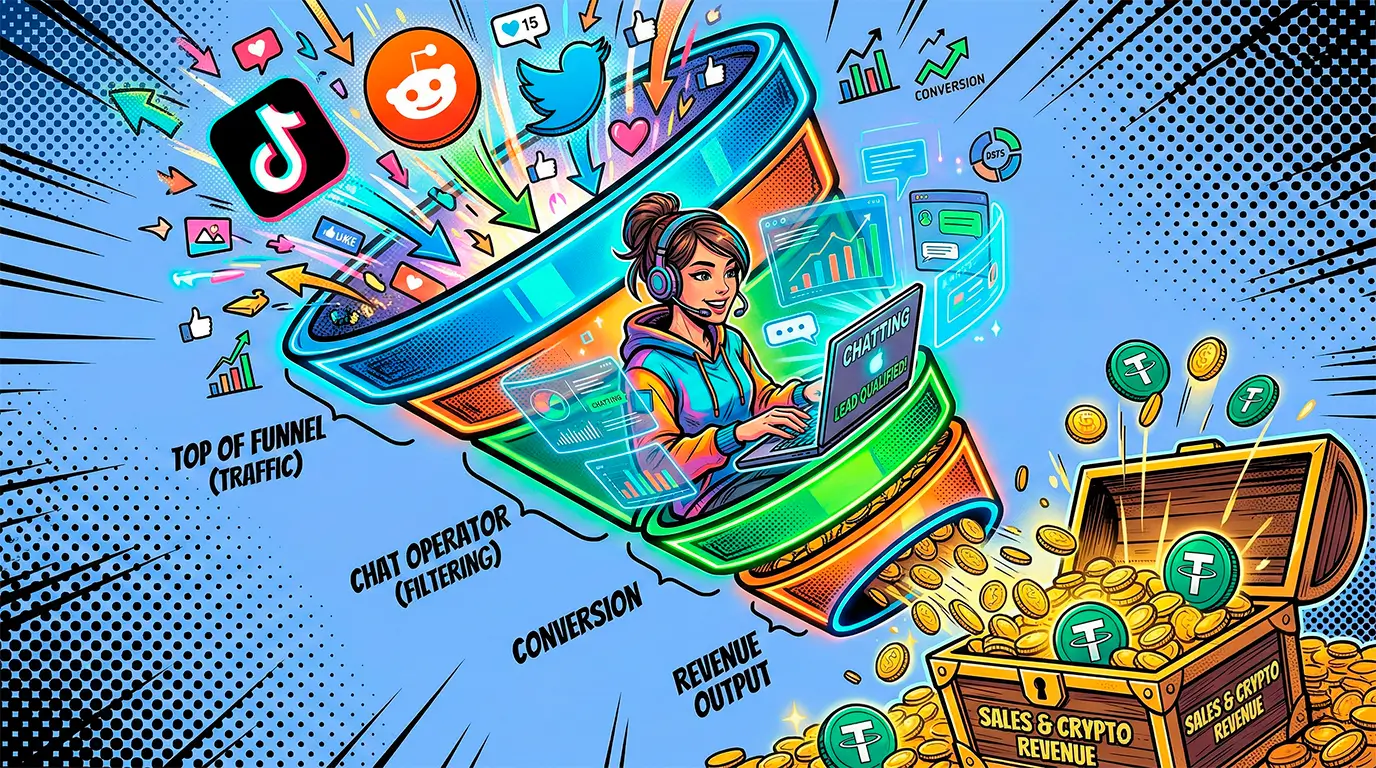 Комикс-иллюстрация воронки продаж на OnlyFans. Девушка-чатер конвертирует трафик из соцсетей в заработок криптовалюты USDT