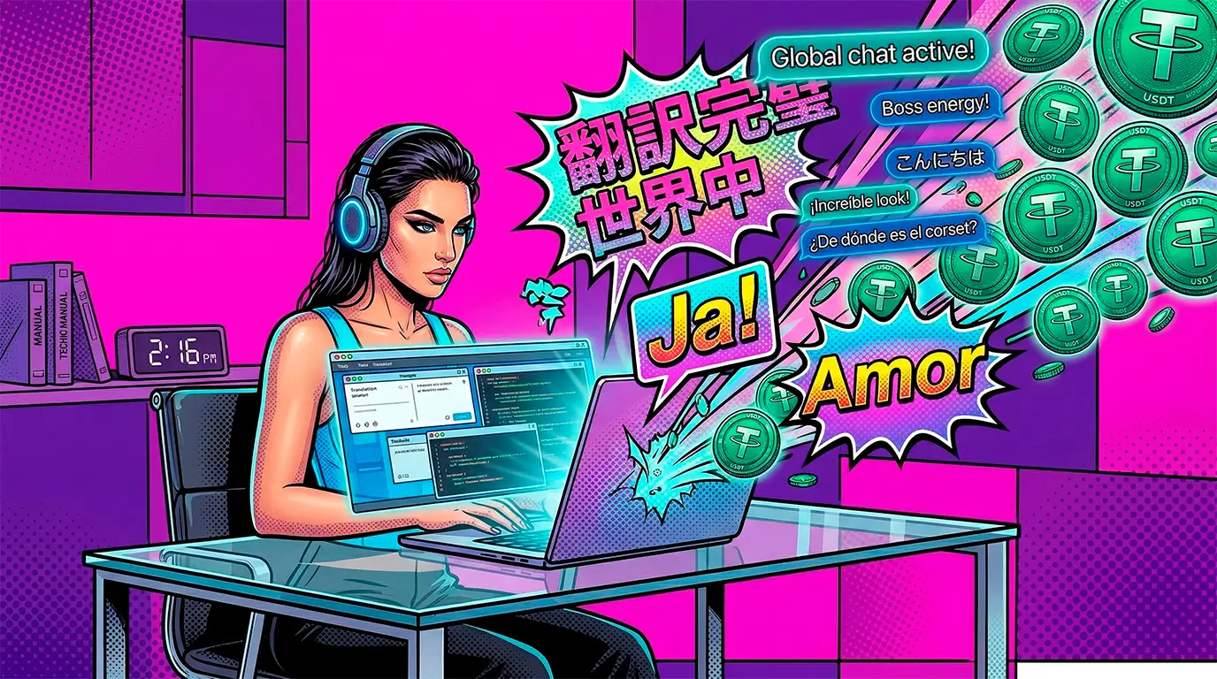Комикс-иллюстрация: профессиональный переводчик чата конвертирует сообщения на японском и немецком языках в заработок криптовалюты USDT на OnlyFans