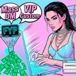 Комикс-иллюстрация работы оператора чата на Fansly: девушка использует скрипты продаж (Soft Sell, Mass DM), чтобы монетизировать подписчиков из FYP ленты