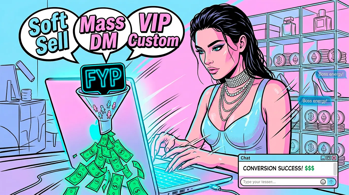 Комикс-иллюстрация работы оператора чата на Fansly: девушка использует скрипты продаж (Soft Sell, Mass DM), чтобы монетизировать подписчиков из FYP ленты