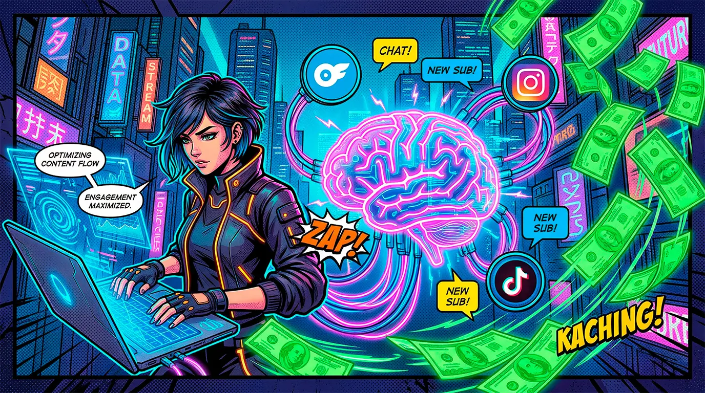 Комикс-иллюстрация: нейросети для онлифанс и искусственный интеллект помогают девушкам и агентствам автоматизировать работу и увеличивать заработок