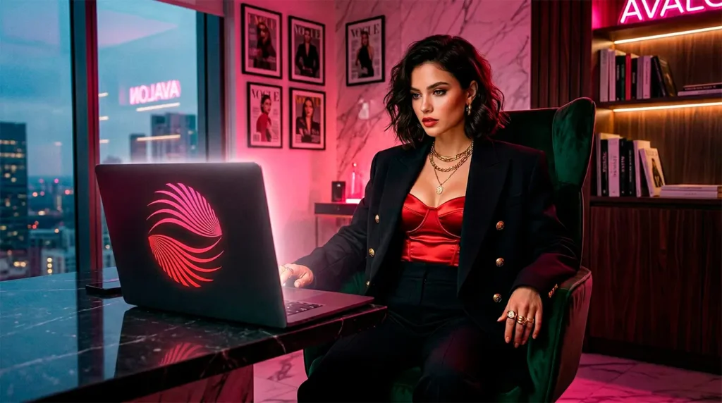 Гламурная девушка в стиле Girlswork Glamour Boss работает за ноутбуком с логотипом Avalon. Успешная веб модель работа и профессиональный маркетинг