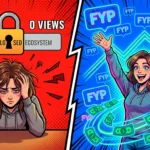 Комикс-иллюстрация сравнения платформ: модель страдает без трафика на старой платформе и успешно зарабатывает с алгоритмом рекомендаций FYP на Fansly