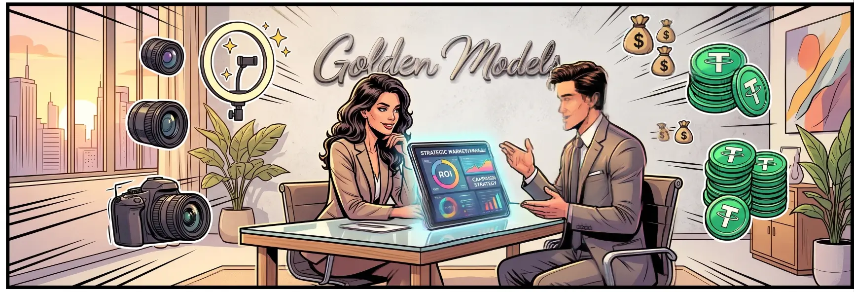 Комикс-иллюстрация: профессиональное агентство Golden Models разрабатывает уникальную стратегию и позиционирование для девушки. Успешная веб модель работа без спама