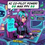 Комикс-иллюстрация: профессиональный ai чатер использует бота-ассистента и нейросети для продаж в чате, чтобы зарабатывать больше денег на платформе Girlswork