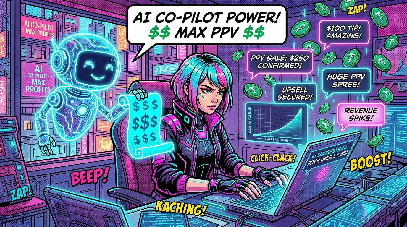 Комикс-иллюстрация: профессиональный ai чатер использует бота-ассистента и нейросети для продаж в чате, чтобы зарабатывать больше денег на платформе Girlswork