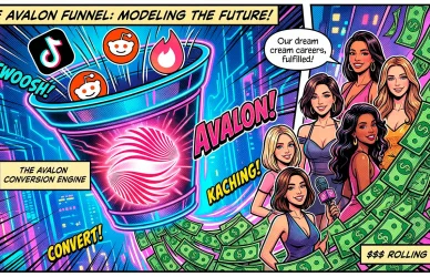 Комикс-иллюстрация: агентство Avalon конвертирует трафик из социальных сетей в высокий заработок, демонстрируя, как работает профессиональная веб модель работа