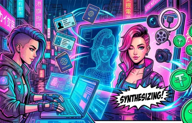 Комикс-иллюстрация: ИИ-криэйтор генерирует виртуальную веб модель на ноутбуке, обходит KYC верификацию и зарабатывает криптовалюту на платформе Girlswork