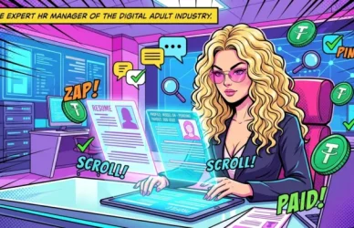 Комикс-иллюстрация: экспертный HR OnlyFans Анастасия проверяет резюме кандидатов. Надежная работа в onlyfans и честный найм