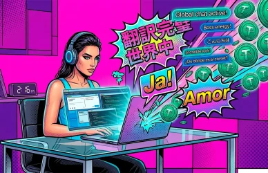 Комикс-иллюстрация: профессиональный переводчик чата конвертирует сообщения на японском и немецком языках в заработок криптовалюты USDT на OnlyFans