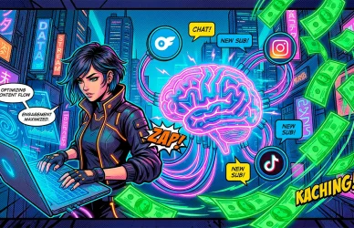 Комикс-иллюстрация: нейросети для онлифанс и искусственный интеллект помогают девушкам и агентствам автоматизировать работу и увеличивать заработок