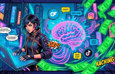 Комикс-иллюстрация: нейросети для онлифанс и искусственный интеллект помогают девушкам и агентствам автоматизировать работу и увеличивать заработок