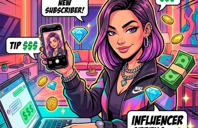 Креативная иллюстрация успешной девушки, которая делает селфи с телефоном и ноутбуком на фоне летящих денег и лайков. Визуализация высокооплачиваемой работы на Онлифанс, вакансий веб-модели, секстера и оператора чата