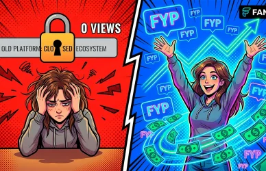 Комикс-иллюстрация сравнения платформ: модель страдает без трафика на старой платформе и успешно зарабатывает с алгоритмом рекомендаций FYP на Fansly