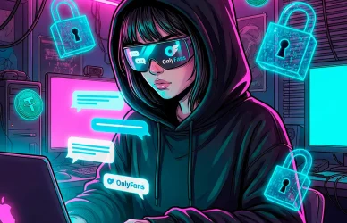 Анонимная работа чатером на OnlyFans. Девушка за ноутбуком в очках, вокруг символы безопасности, замки и криптовалюта USDT