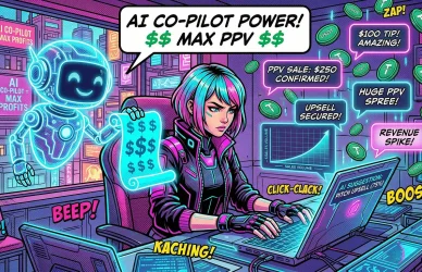 Комикс-иллюстрация: профессиональный ai чатер использует бота-ассистента и нейросети для продаж в чате, чтобы зарабатывать больше денег на платформе Girlswork